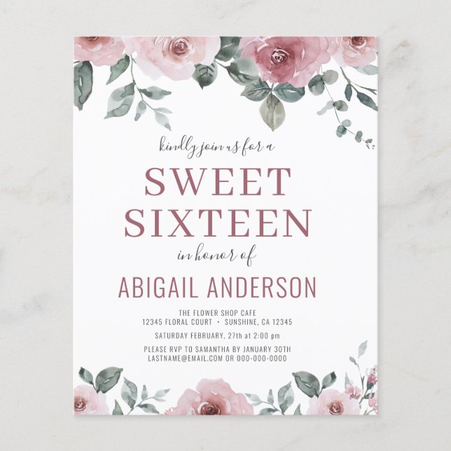 Budget Dusty Rose Floral Sweet Sixteen Invitation (Front)