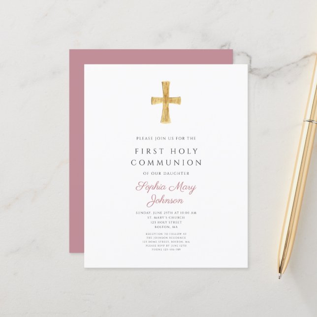Budget Dusty Rose Girl First Communion Invitation (Front/Back In Situ)