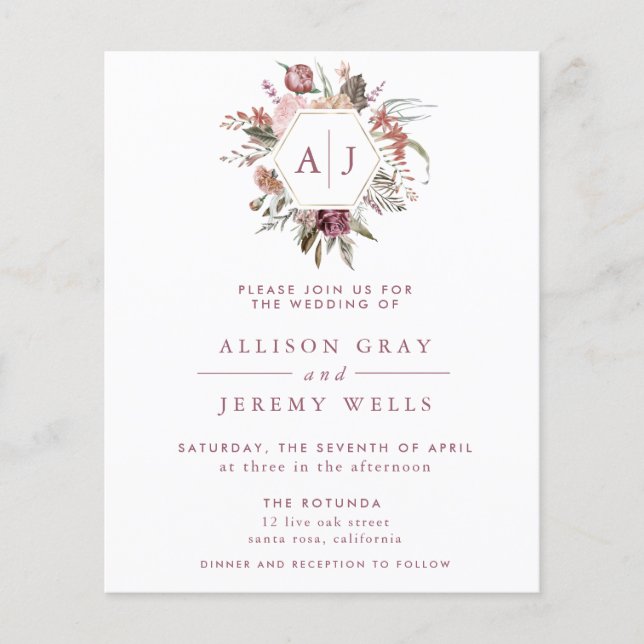 Budget Dusty Rose Monogram Wedding Invitation  Fly Flyer (Front)