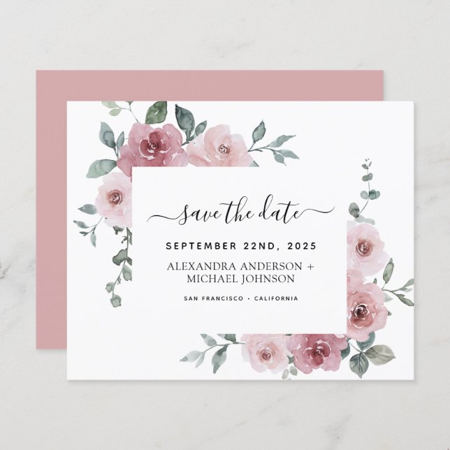 Budget Dusty Rose Save the Date Pink Floral (Front/Back)