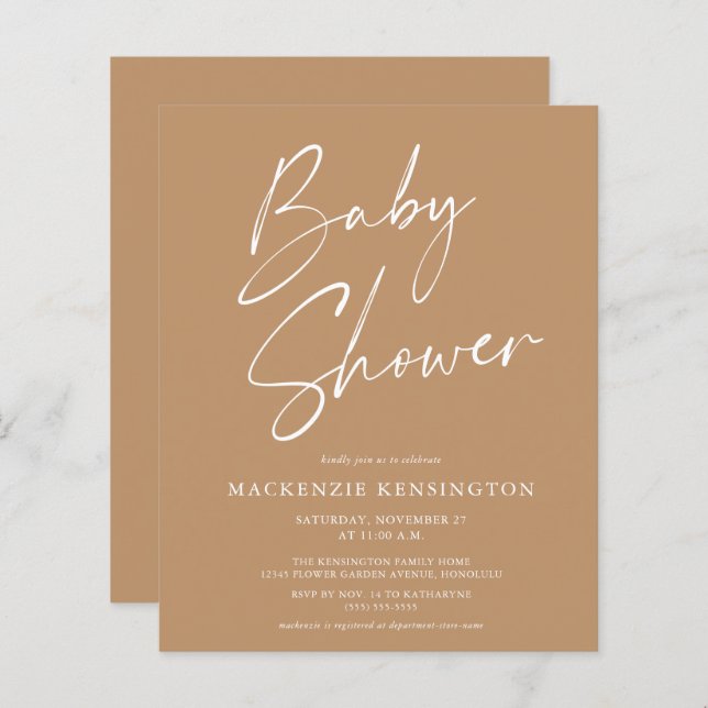 Budget Earth Tone Minimalist Script Baby Shower (Front/Back)