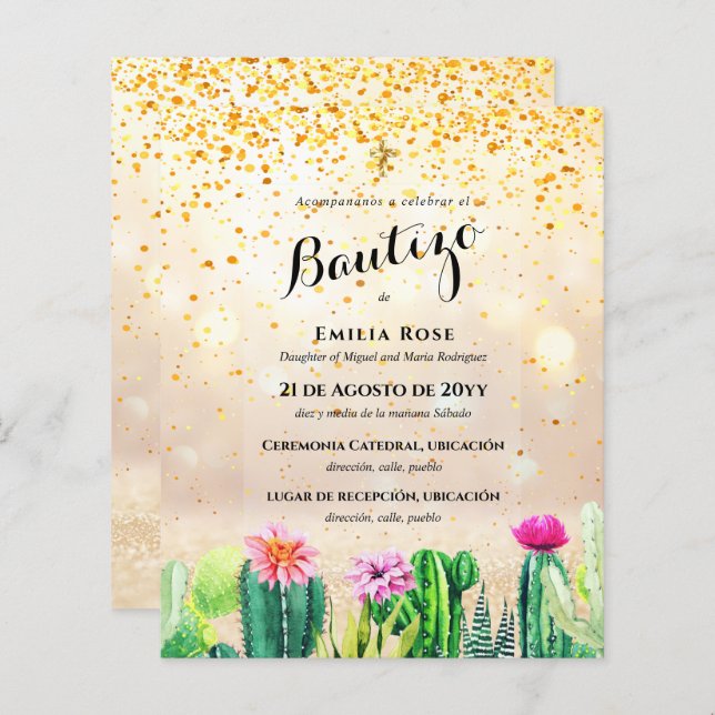 Budget EL BAUTIZO Baptism Christening CACTI Invite (Front/Back)