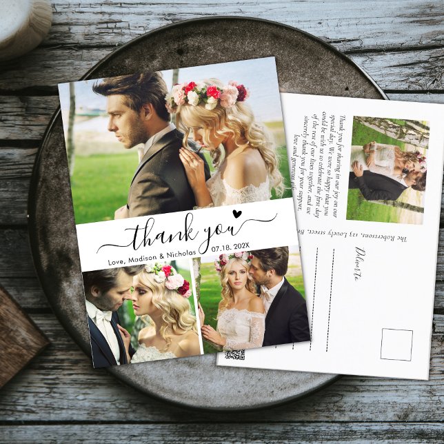 Budget Elegant 3 Photo Collage Wedding Thank You Postcard (Creator Uploaded)