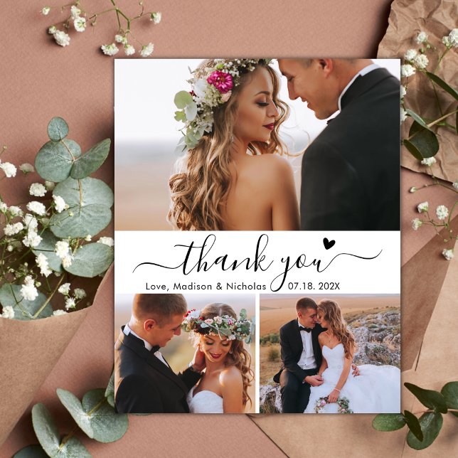 Budget Elegant 3 Photo Collage Wedding Thank You Postcard (Creator Uploaded)