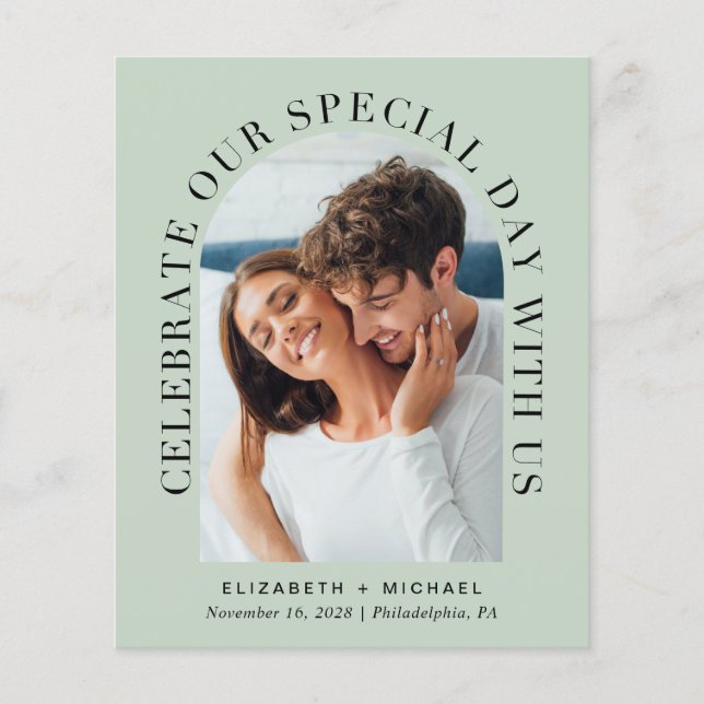 Budget Elegant Arch Photo Sage Wedding Invitation (Front)
