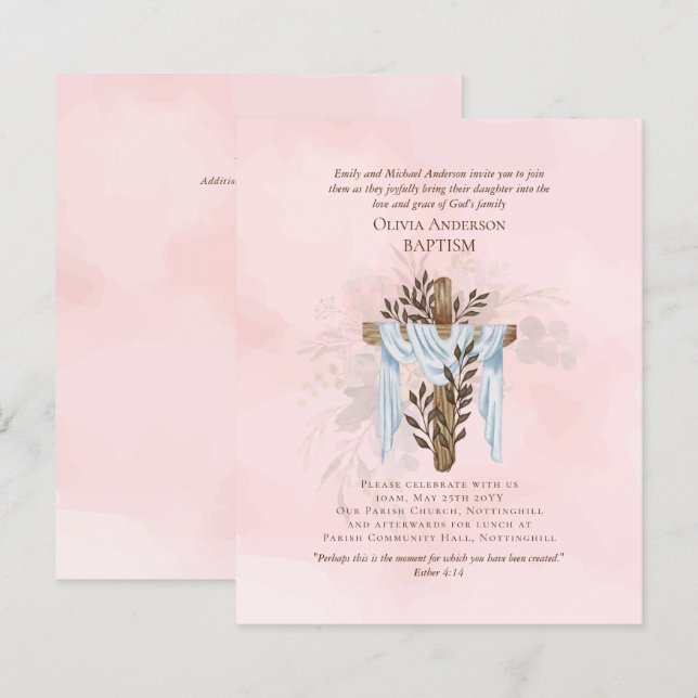 BUDGET Elegant BAPTISM Invite Blush Pink (Front/Back)