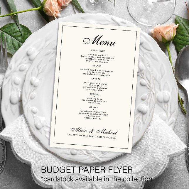 Budget elegant black cream ivory wedding menu (Creator Uploaded)
