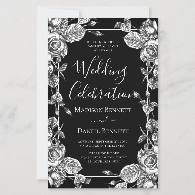 Budget Elegant Black Floral Wedding Celebration (Front)