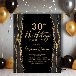 Budget Elegant Black Gold 30th Birthday Invitation
