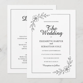 Budget Elegant Black White Floral Border Wedding Invitation