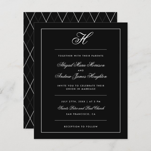 Budget Elegant Black White Monogram Script Wedding (Front/Back)