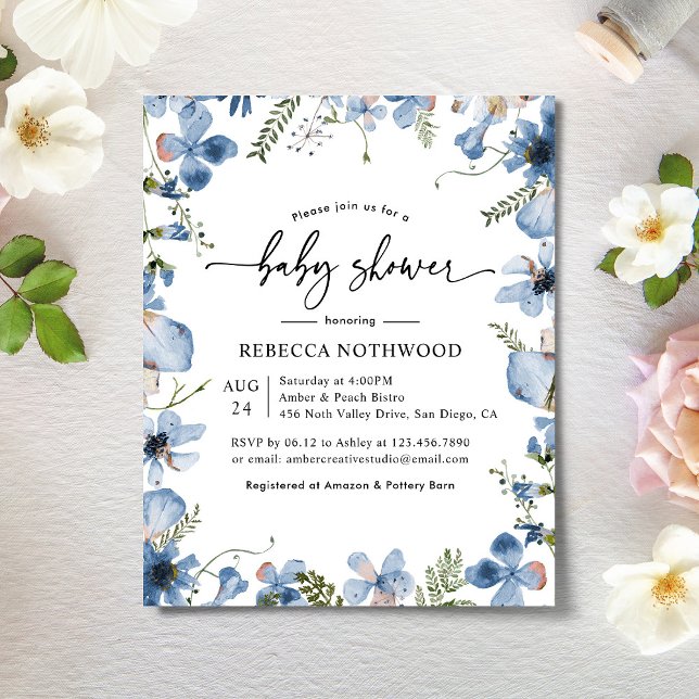 Budget Elegant Blue Floral Baby Shower Invitation (Creator Uploaded)