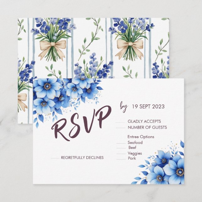 Budget Elegant Blue Florals RSVP Card White (Front/Back)
