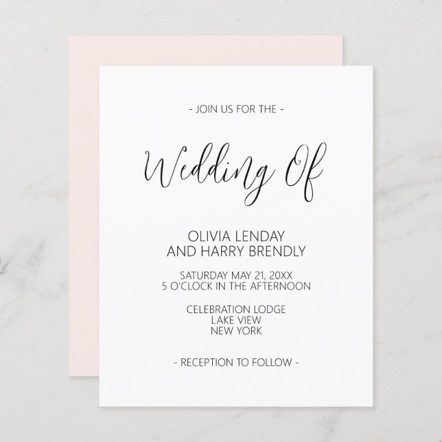 Budget Elegant Blush Pink White Wedding Invitation (Front/Back)