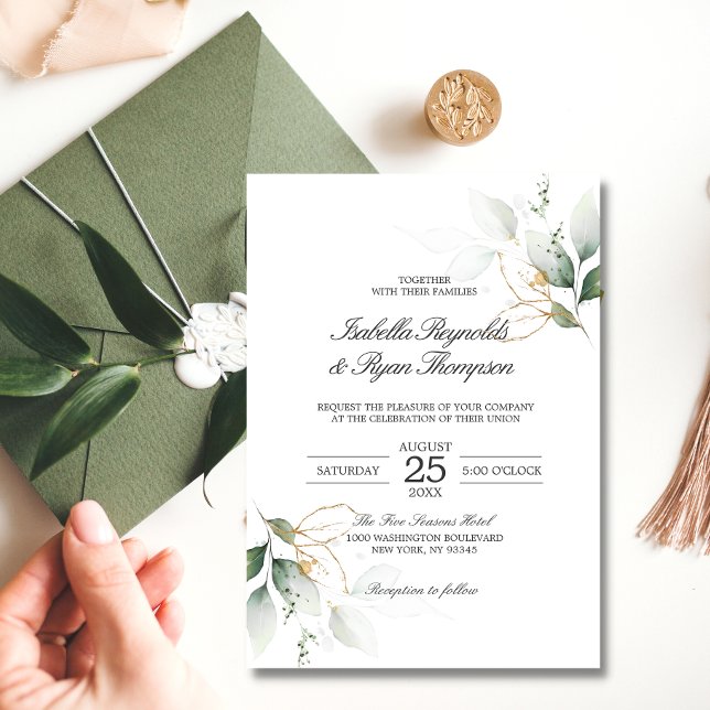 BUDGET Elegant Botanical Leaves Gold Wedding Invitation (Creator Uploaded)