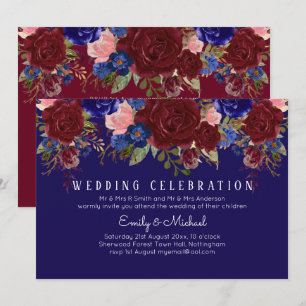 BUDGET Elegant Burgundy Blue Floral Wedding Invite