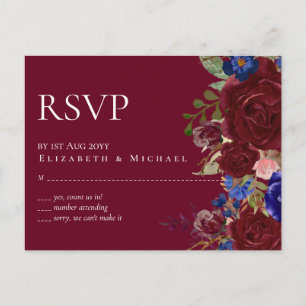 Budget Elegant Burgundy Blue Floral Wedding Postcard
