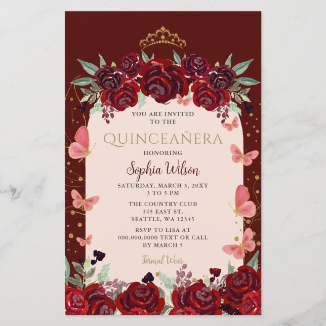 Budget Elegant Burgundy Gold Floral Quinceañera (Front)