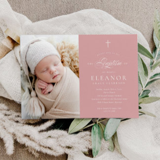 Budget Elegant Cross Calligraphy Photo Baptism Invitation