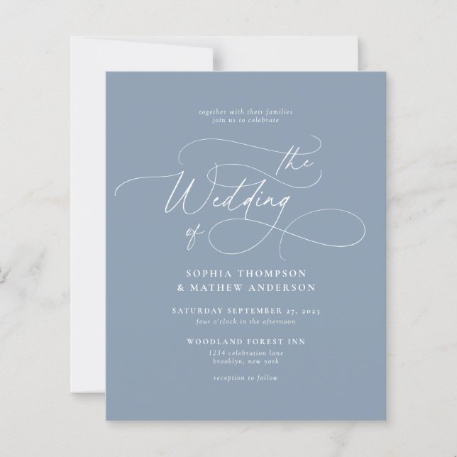 BUDGET Elegant Dusty Blue Flourish Script Wedding (Front)