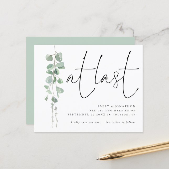 Budget Elegant Eucalyptus At Last Save The Date (Front/Back In Situ)