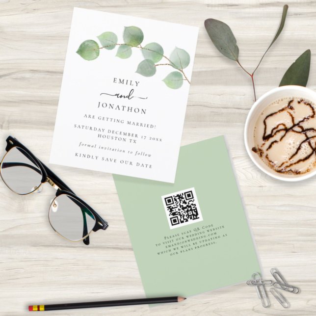 Budget Elegant Eucalyptus QR code Save the Date (Creator Uploaded)