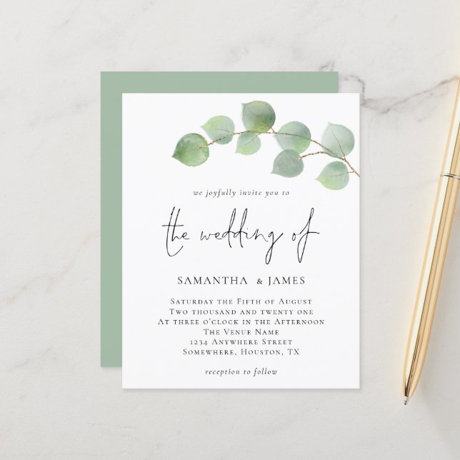 Budget Elegant Eucalyptus Wedding Invitation (Front/Back In Situ)