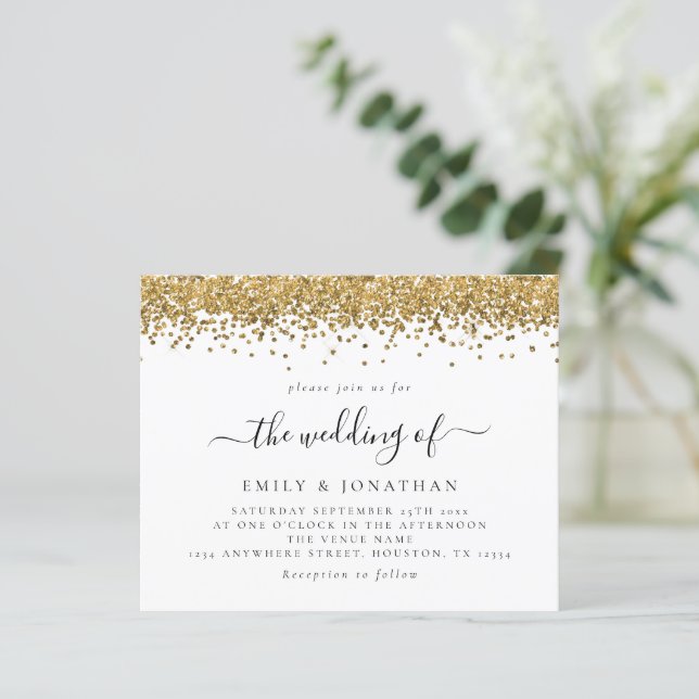 Budget Elegant Faux Gold Glitter Wedding Invite (Standing Front)