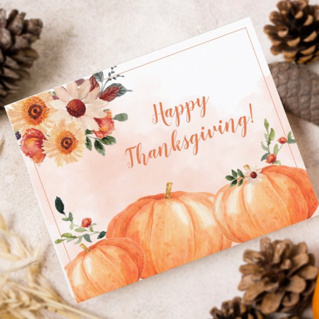 Budget Elegant Floral Happy Thanksgiving (Pretty Watercolor Pumpkins Thanksgiving Card)