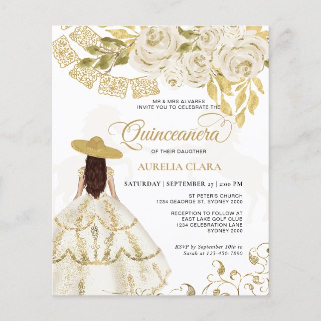 Budget Elegant Floral Ivory Gold Horse Quinceañera (Front)