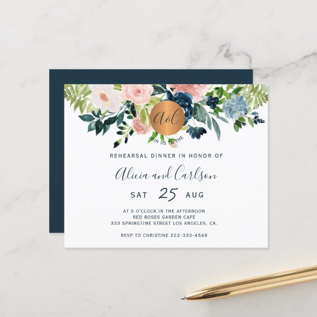 Budget elegant floral rehearsal dinner invitation (Front/Back In Situ)
