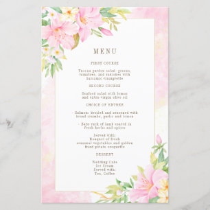 Budget Elegant Floral Watercolor Pink Wedding Menu