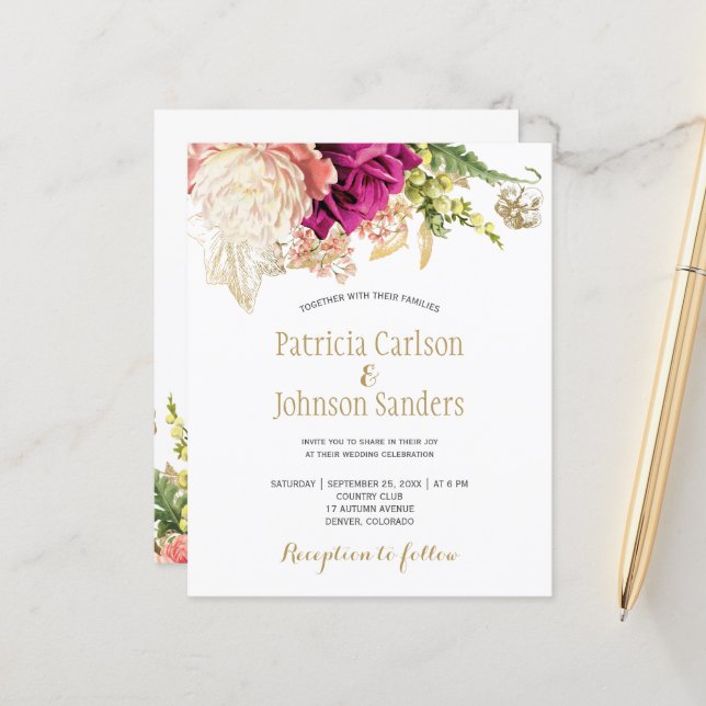 Budget elegant floral wedding invitation (Front/Back In Situ)