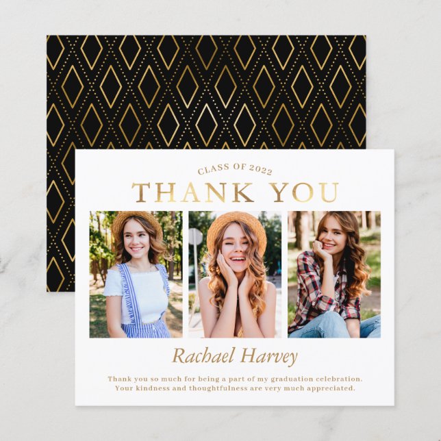 Budget Elegant Gold 3 Photo Graduation Thank You (Front/Back)