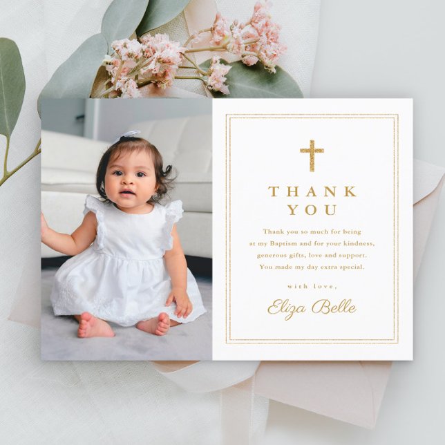 Budget Elegant Gold Cross Photo Baptism Thank You (Simple budget photo baptism thank you card with gold cross.)