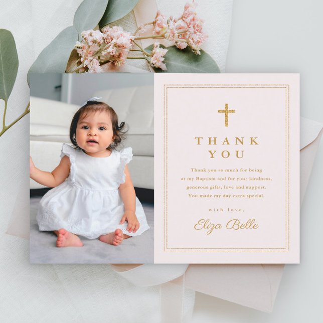 Budget Elegant Gold Cross Photo Baptism Thank You (Simple girls budget photo baptism thank you card with gold cross.)