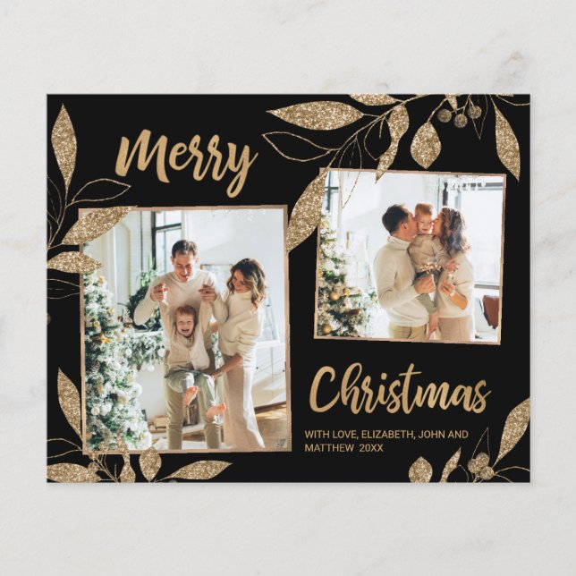 Budget Elegant Gold Leaves 2 Photo Christmas Card (Front)