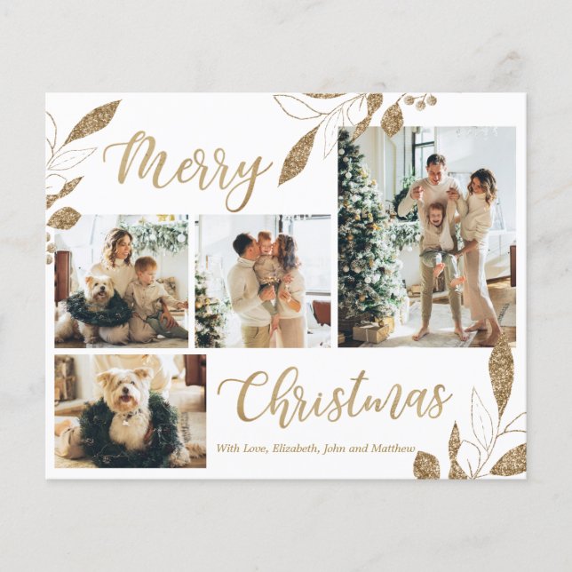 Budget Elegant Gold Leaves Photo Christmas Card (Front)