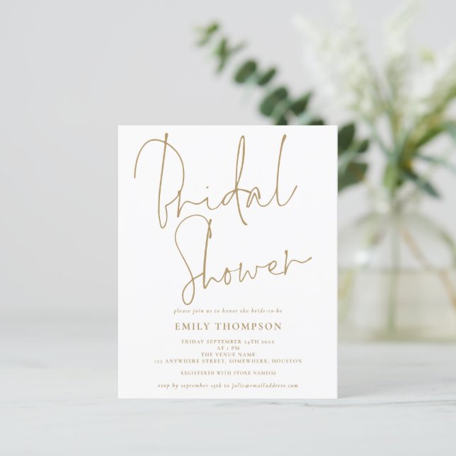 Budget Elegant Gold Script Bridal Shower Invite (Standing Front)