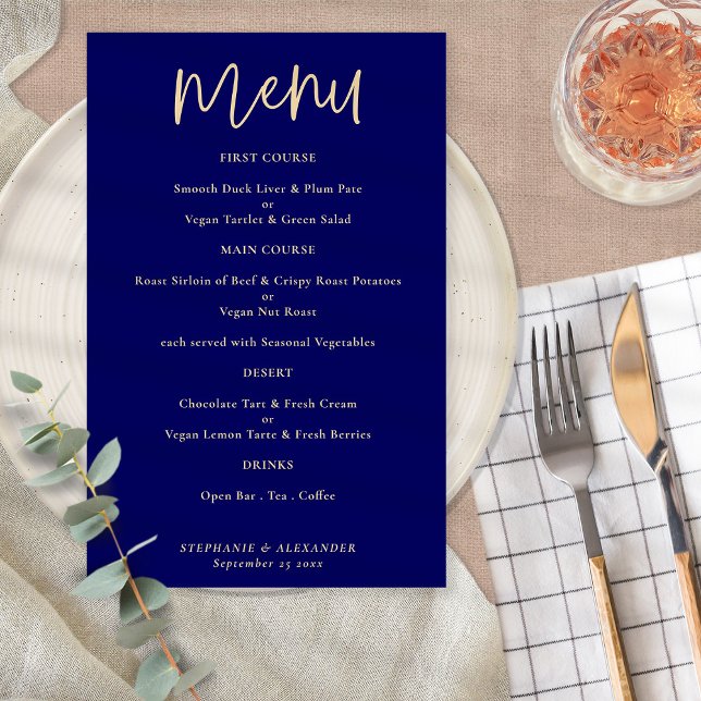 Budget Elegant Gold Script Navy Blue Wedding Menu (Creator Uploaded)
