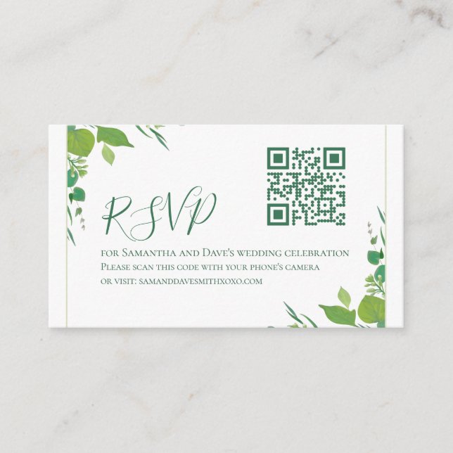 Budget Elegant Green Botanical Modern QR Code RSVP Enclosure Card (Front)