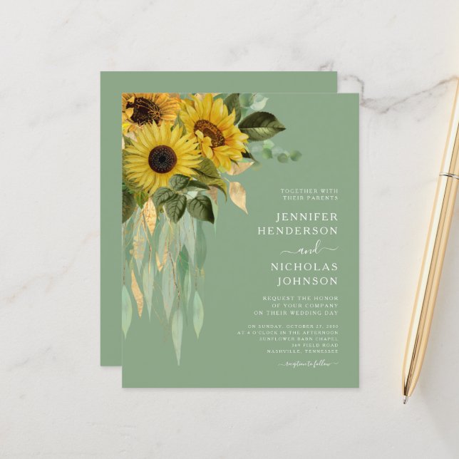Budget Elegant Green Floral Sunflowers Wedding  (Front/Back In Situ)