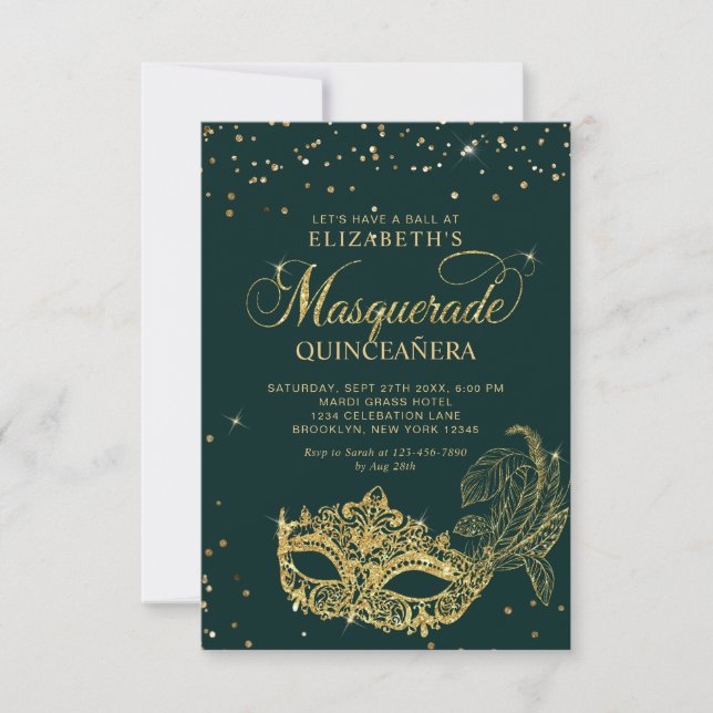 BUDGET Elegant Green Gold Masquerade Quinceañera Card (Front)