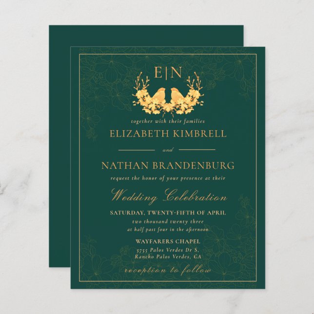 Budget Elegant Green Gold Monogram Wedding Invite (Front/Back)