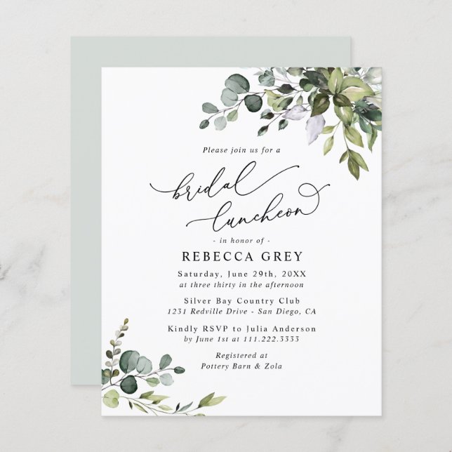 Budget Elegant Greenery Bridal Luncheon Invitation (Front/Back)