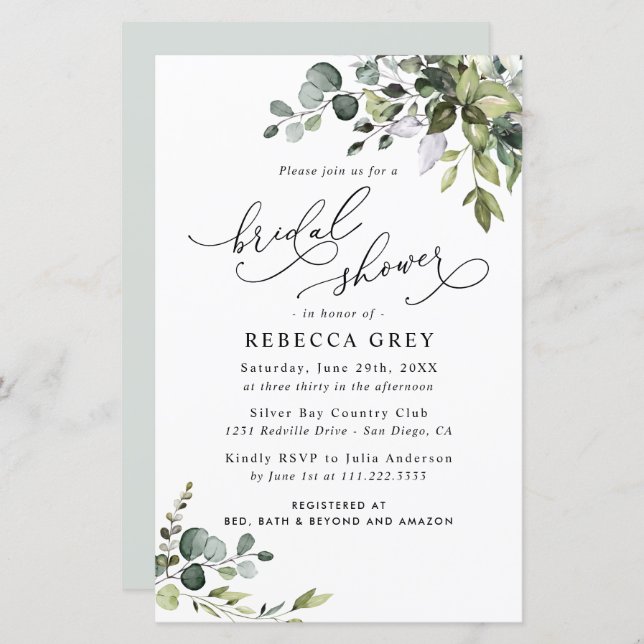 Budget Elegant Greenery Bridal Shower Invitation (Front/Back)
