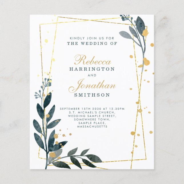 Budget Elegant Greenery Gold Wedding Paper Invite (Front)
