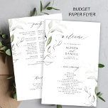 Budget elegant greenery leaves wedding program flyer<br><div class="desc">Modern simple elegant typography trendy leafy green and white wedding ceremony and party BUDGET program template PAPER FLYER (advertising type of paper) featuring a chic calligraphy script. Easy to personalise with your custom text on both sides! PLEASE READ THIS BEFORE PURCHASING! This is a cheap budget wedding program printed on...</div>