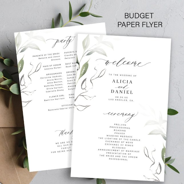 Budget elegant greenery leaves wedding program flyer (Creator Uploaded)