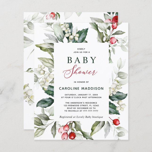 Budget Elegant Holly Greenery Baby Shower Flyer (Front/Back)